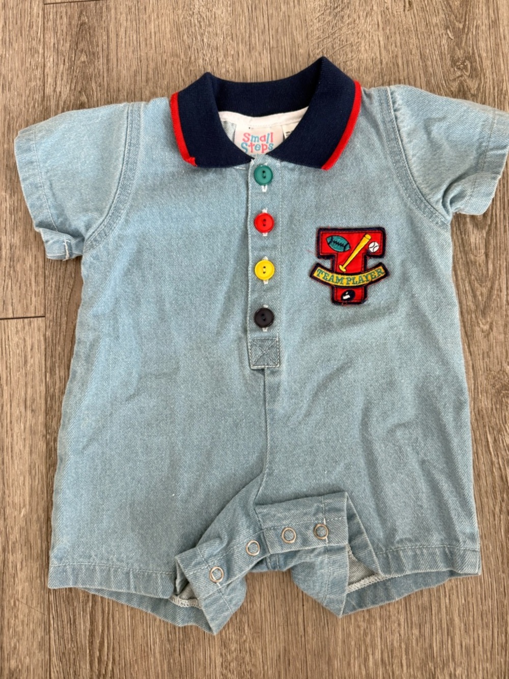 Vintage Small Steps Light Blue Baby Baseball Romper with Colorful Buttons